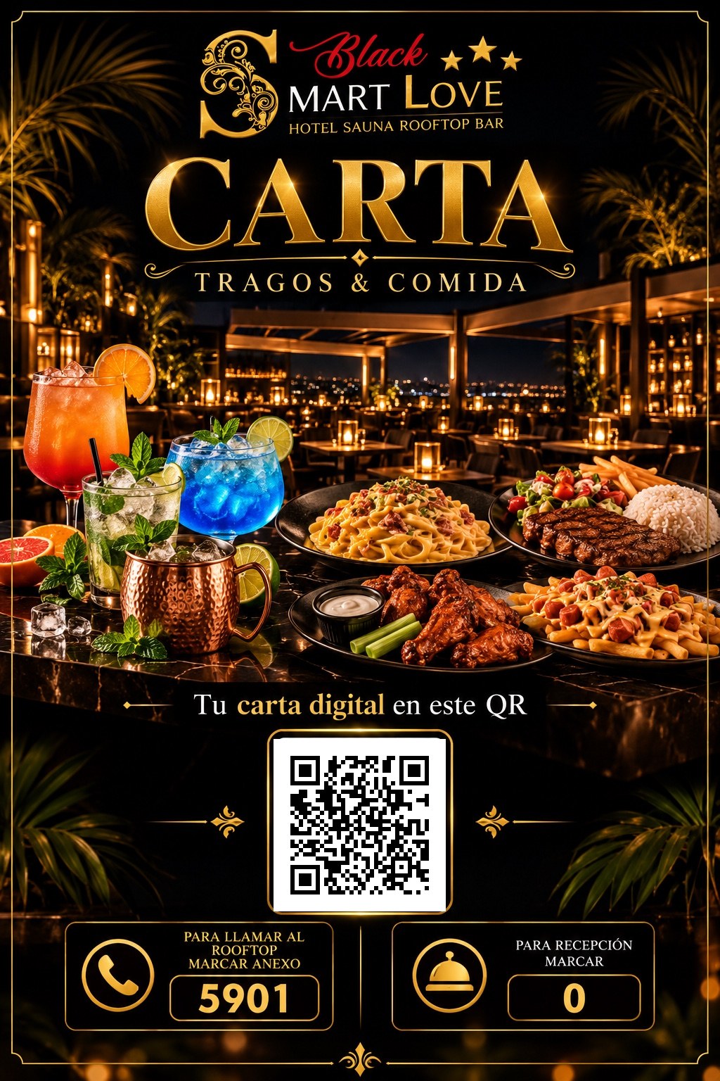 Carta de tragos y comida del Rooftop Bar de Smart Love Black con código QR